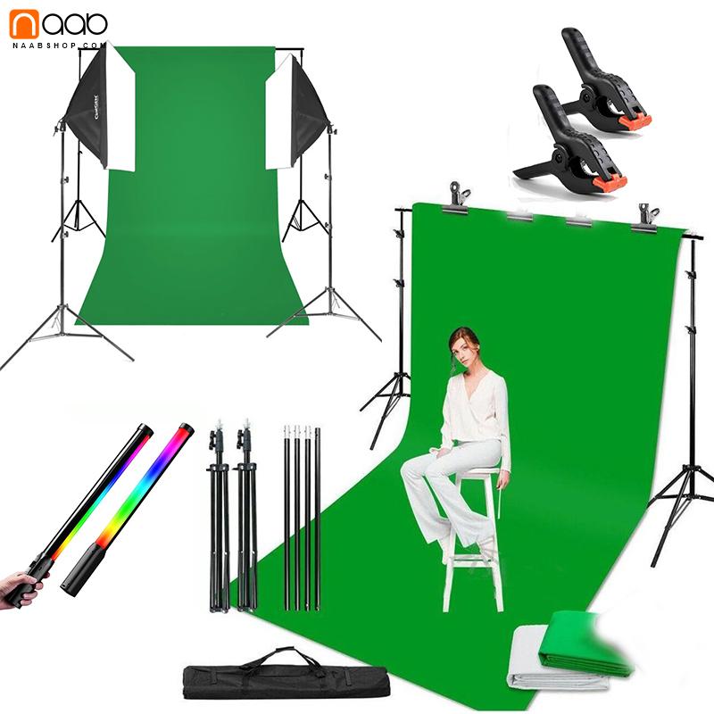 پکیج کامل استودیو خانگی RGB | نور, سه پایه و پرده کروماکی